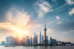 阳光下的城市海边上海