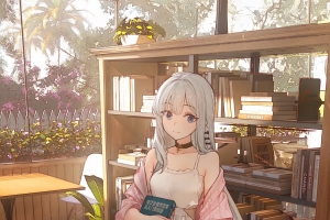 可爱女孩穿白色裙子图书馆主题4K手机竖屏动漫高清壁纸2400x3840免费下载