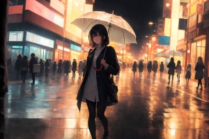 雨天 步行街 动漫女孩 伞 4K壁纸 3840x2160