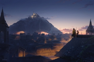 插图 绘画 屋顶 女孩 狐狸 城堡 日落 4k壁纸