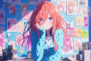 蓝色衣服动漫女孩 少女大头贴墙纸3200x2000分辨率壁纸