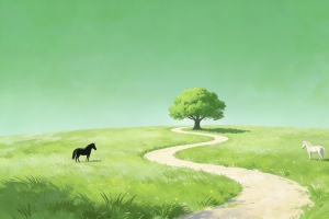 清新风景绿草地一棵树与马儿4K高清壁纸3840x2160免费下载