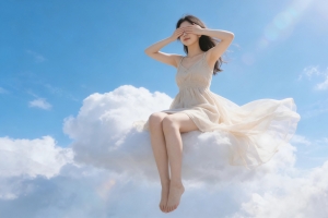 蓝天 坐在云上的可爱美女 长裙 双手蒙眼 4k壁纸