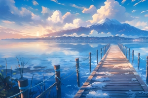 在山的那边 桥 水 蓝天白云 3440x1440风景带鱼屏壁纸