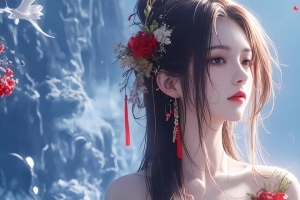 古风女子 红衣 红花 3440x1440带鱼屏高清壁纸