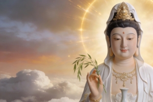 观音菩萨佛光普照天空云景 3440x1440 4K宗教高清带鱼屏壁纸免费下载