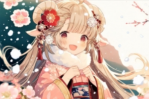 女孩 头发 微笑 和服 花 粉红色 4k壁纸 3840x2160