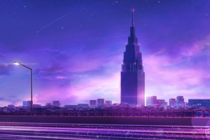 城市 夜晚 路灯 公路 天空 星星 流星 唯美风景4k壁纸