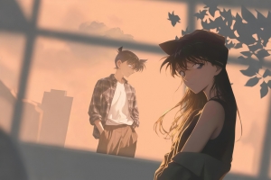 黄昏窗边动漫人物小兰和柯南4K电脑壁纸3840x2160