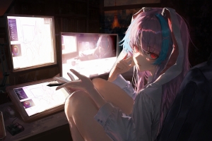 女画师红色眼睛专注画画 4000x2828车机4K全屏高清壁纸免费下载