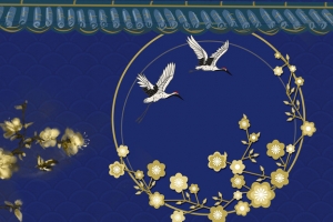 蓝色墙体花卉白鹤背景