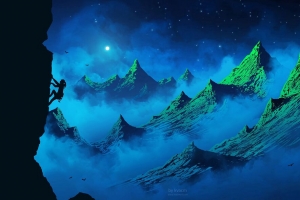 3840x2160 登山者 剪影 山脉 女孩 月亮 鸟 夜晚 雾壁纸 背景