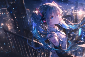 初音未来 城市夜景星空3440x1440带鱼屏高清壁纸