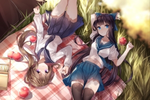 动漫女孩 微笑 校服 野外用餐 4k动漫壁纸