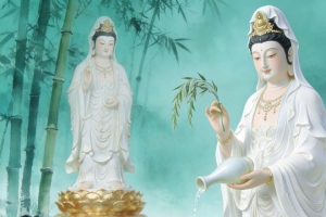 观音菩萨玉净瓶竹林瀑布4K宗教高清3440x1440带鱼屏壁纸免费下载