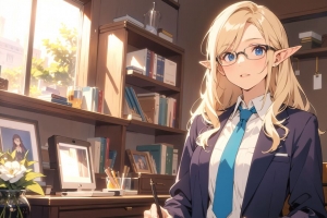 女孩 耳朵 眼镜 领带 办公室 动漫 艺术 4k壁纸 3840x2160