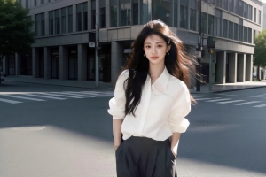 城市街道长发白色衬衫美女4K高清壁纸3840x2160免费下载