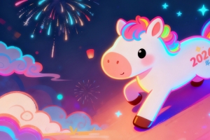 2026快乐小马 彩虹尾巴 新年烟花3440x1440带鱼屏壁纸