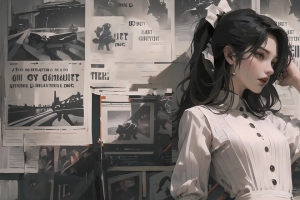 漂亮报纸墙少女 裙子 黑白风格 3440x1440带鱼屏壁纸