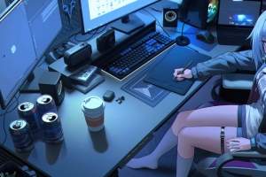 画画的女孩 电脑 画板 3440x1440动漫带鱼屏壁纸