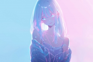 简单动漫女孩高清壁纸 蓝色粉色背景 2880x1800免费下载