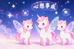 2026年 心想事成 三只可爱小马 翅膀 独角兽 4k壁纸