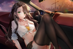 绿色眼睛女生美少女 白色短衬衫 黑色裤袜 汽车 4k动漫壁纸