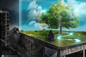 蓝色天空彩色气球发光绿道