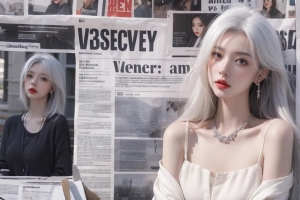 报纸墙白发美女4k电脑壁纸