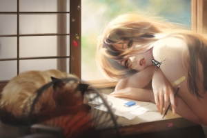 趴在桌子的动漫美女2340x1080超清4k壁纸
