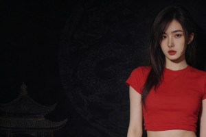 长发美女 红色衣服3440x1440带鱼屏壁纸