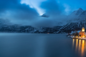 奥地利哈尔施塔特小镇冬季风景3440x1440壁纸