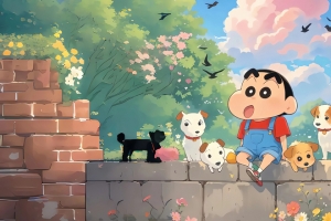 蜡笔小新 花园 树林 砖墙 3440x1440带鱼屏壁纸