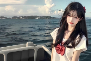 海上 船 可爱女生 3440x1440带鱼屏壁纸