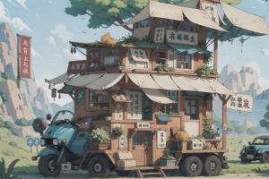 原创 可爱 卡通 房车 杂货店 yokai插图 日系 猫 高清壁纸