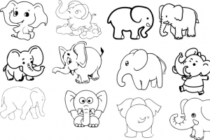 可爱大象黑白手绘矢量图