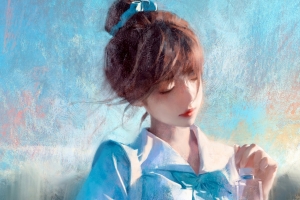 4k 女孩 闭着眼睛 水瓶 天蓝色 绘画 电脑 高清 壁纸