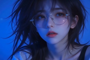 戴眼镜美女人物 蓝色背景 4K动漫壁纸 3840x2160