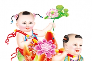 年画娃娃扛着鱼免抠素材
