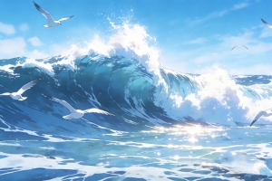 海浪 海鸥 绘画 4k风景壁纸