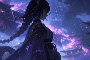 原神雷电将军 动漫女孩 雨天 房子 4k壁纸