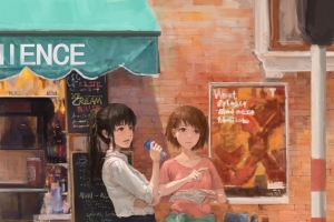 商店 两个女孩 手绘画手机壁纸