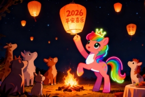 2026平安喜乐 小马 孔明灯 晚上 动物们庆祝新年4k壁纸