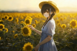 向日葵 花海 女生 帽子双马尾辫 白色裙子 4K动漫壁纸