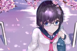 女孩 女学生 眼镜 制服 樱花 花 动漫 4k壁纸 3840x2160