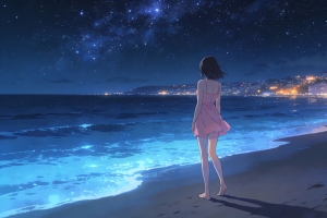 海边 星空 少女背影 粉色裙子 沙滩 唯美 4k壁纸3840x2160