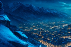 山谷之城 灯光 雪夜3440x1440带鱼屏壁纸