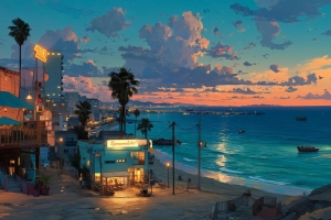 云彩夜晚海滨小城夜景高清车机壁纸 2880x1800免费下载