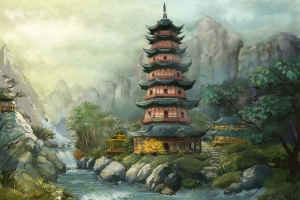 高塔环境渲染天空水面彩绘