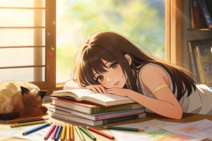 书房 长发女孩 书桌 书本 窗 4k动漫壁纸